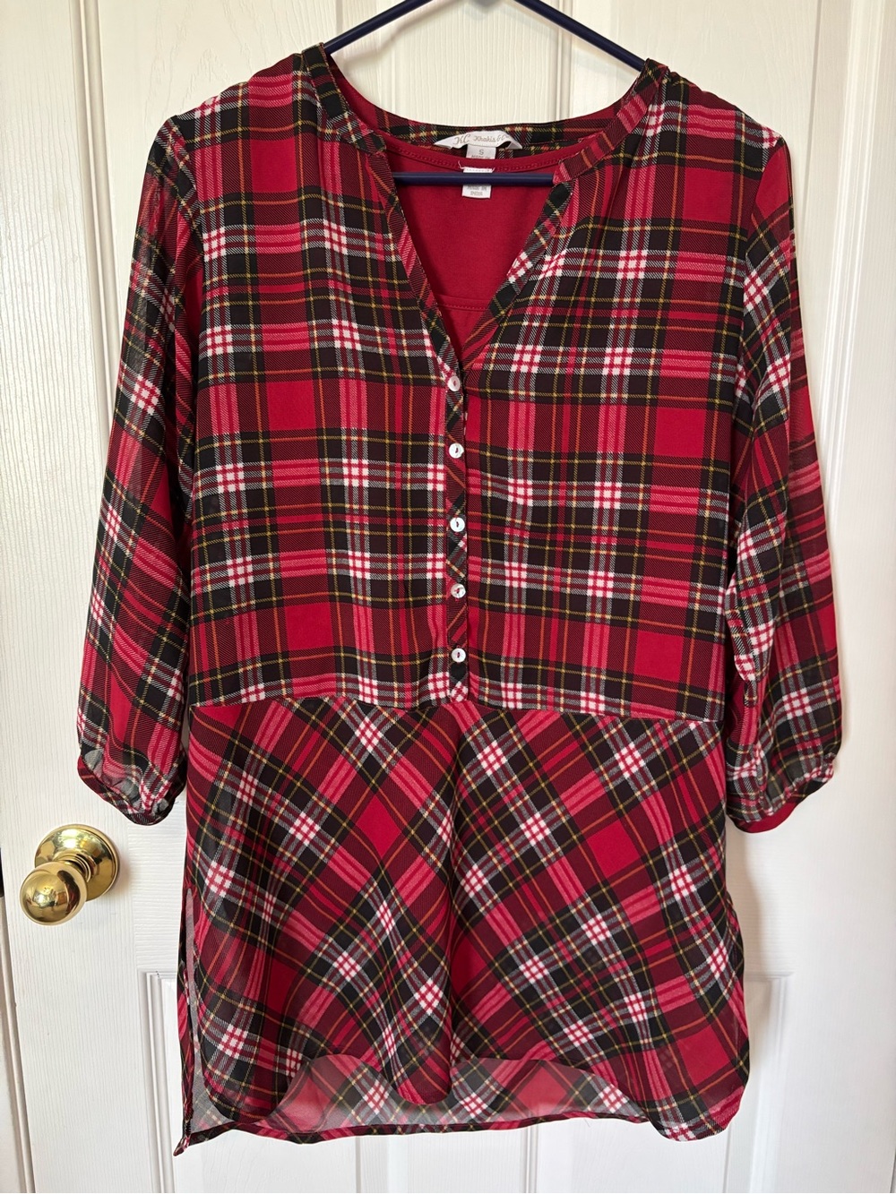 Red Plaid Button-Front Women's Tunic Top